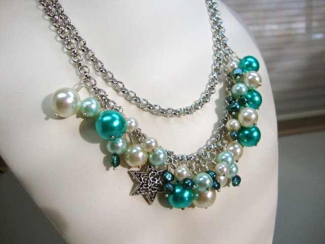 Teal Aqua White Pearl Necklace