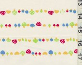 Japanese Fabric: Adorable Mushrooms in a Row White  - Kawaii  FQ