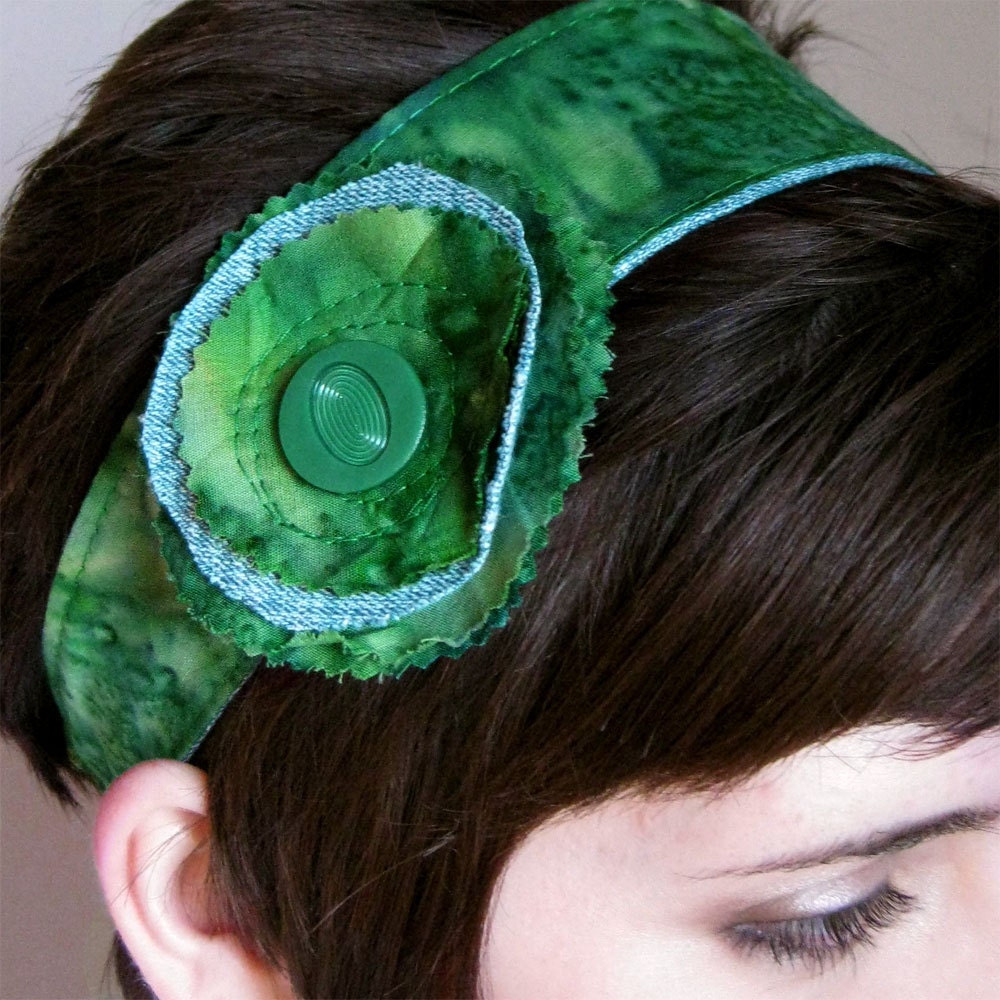 FLOWER HEADBAND recycled blue denim, reversible emerald green batik hair clip brooch