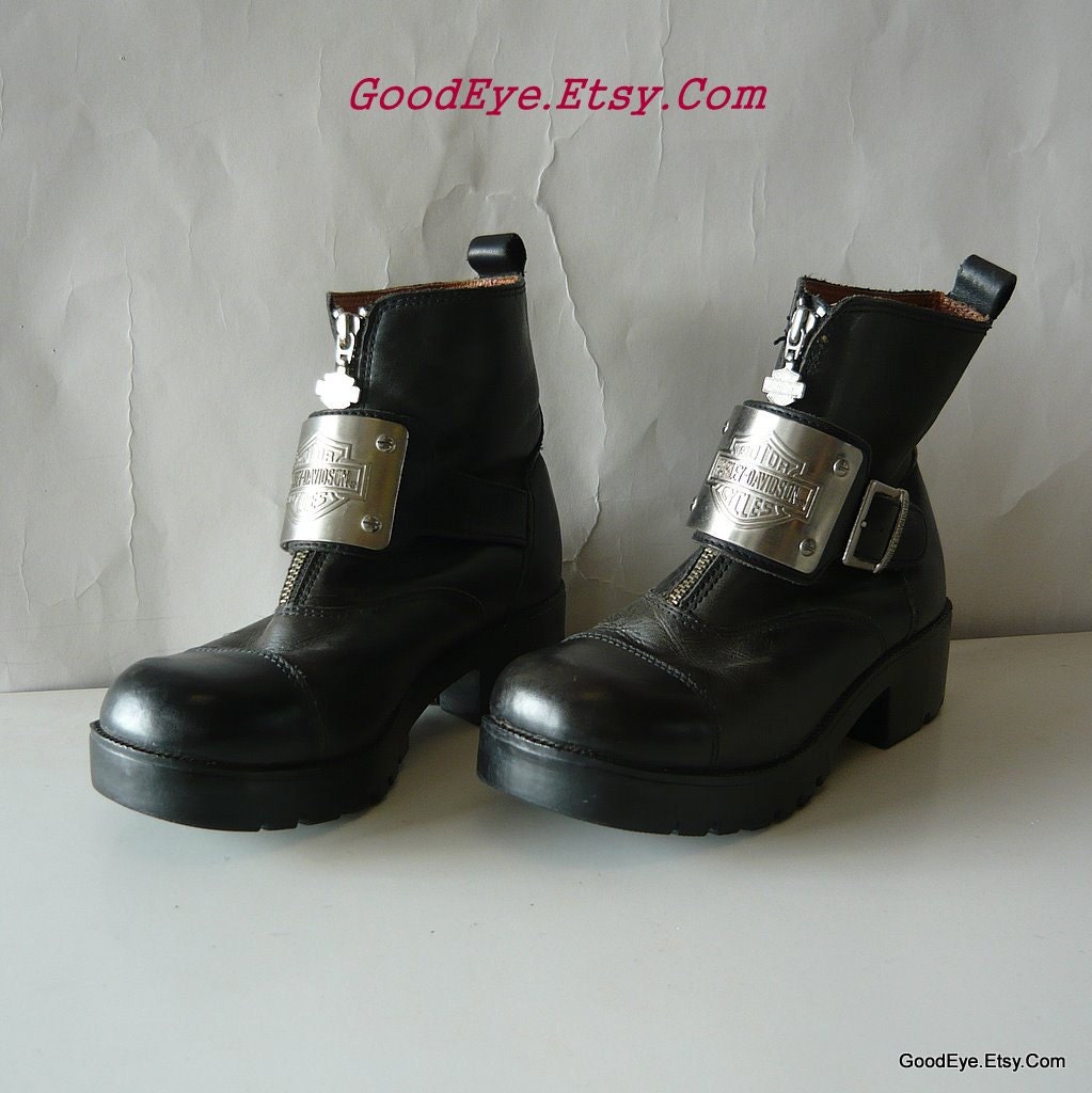 HARLEY Davidson Ankle Boots 7 .5 M Eur 38 UK 5   Leather Biker Chrome Harness Black Riding Official