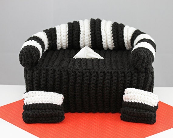 Black White Striped Couch Crochet Tissue Box Cover with Pillows