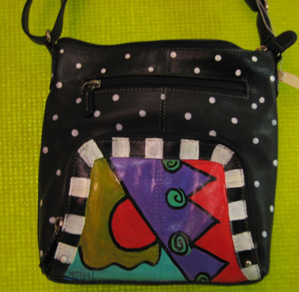 Hand Painted Leather Purse Long Shoulder Strap with organizer