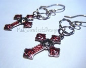 Gothic Cross Earrings 002 Goth Vampire Victorian Silver Red by MadScientistsDesigns