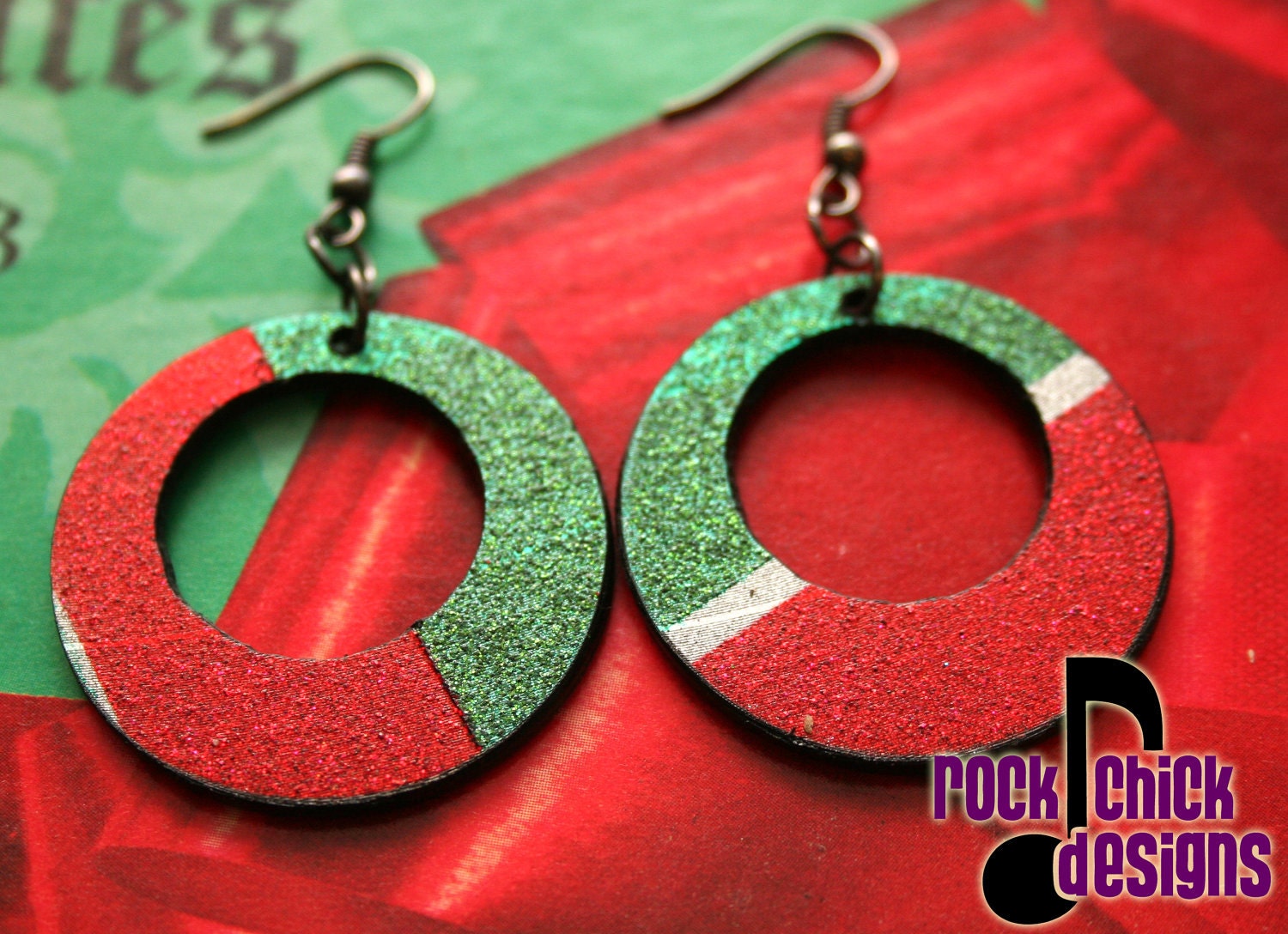 Red-Green-Silver Glitter Vinyl Record earrings -- medium