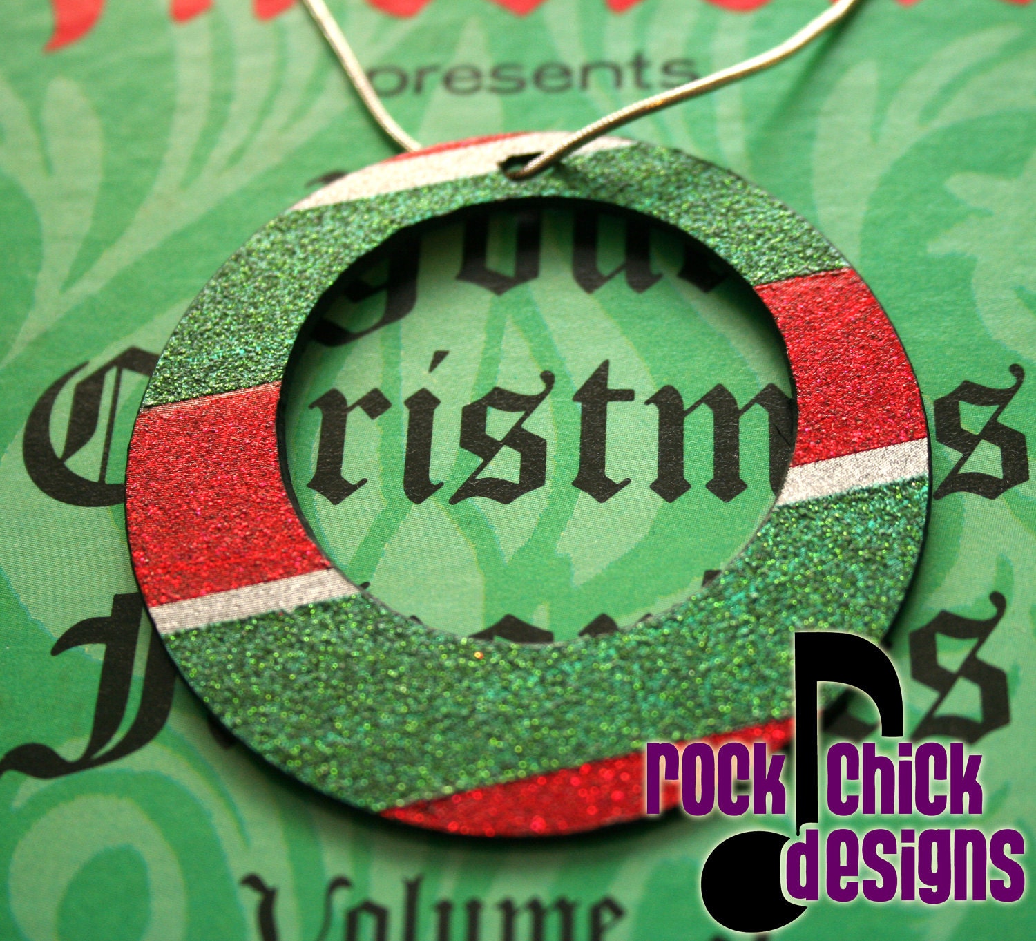 Red-Green-Silver glitter Vinyl Record necklace -- large