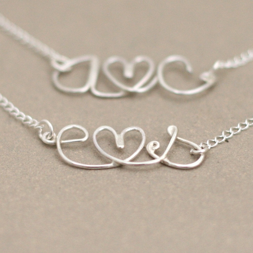 love letter. personalized initials. tiny heart. sterling silver wire NECKLACE.