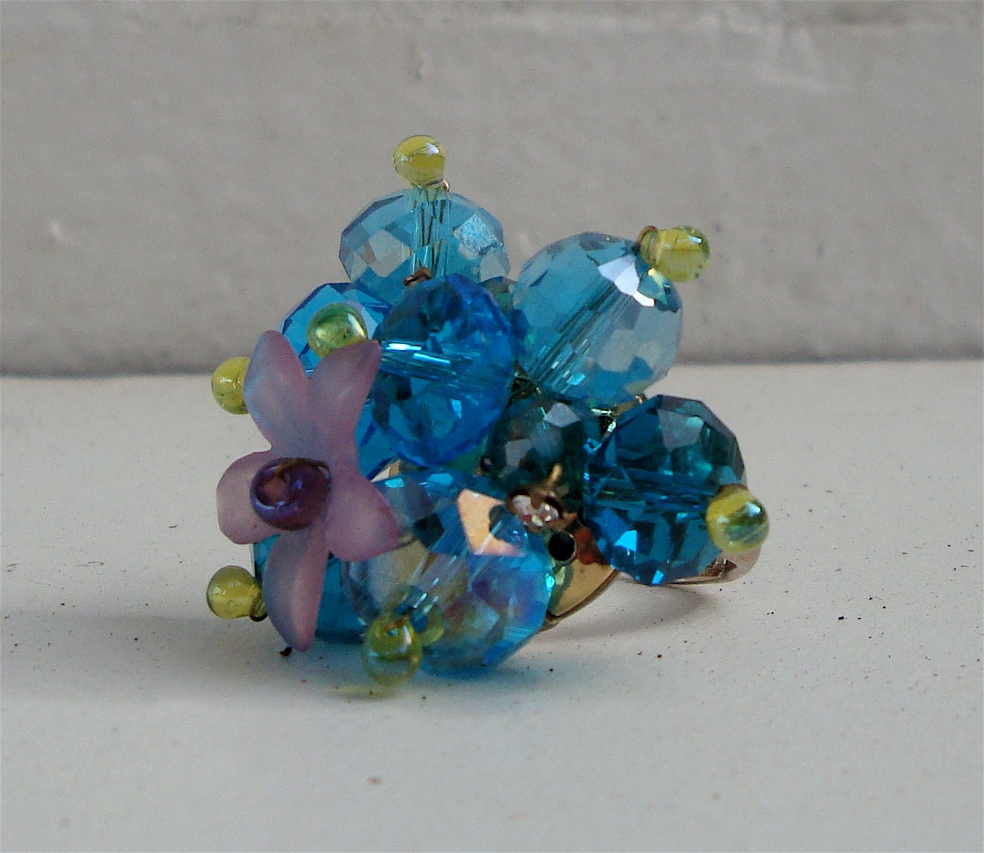 Big Beaded Bauble Turquoise Blue Crystal Ring with Pretty Purple Flower