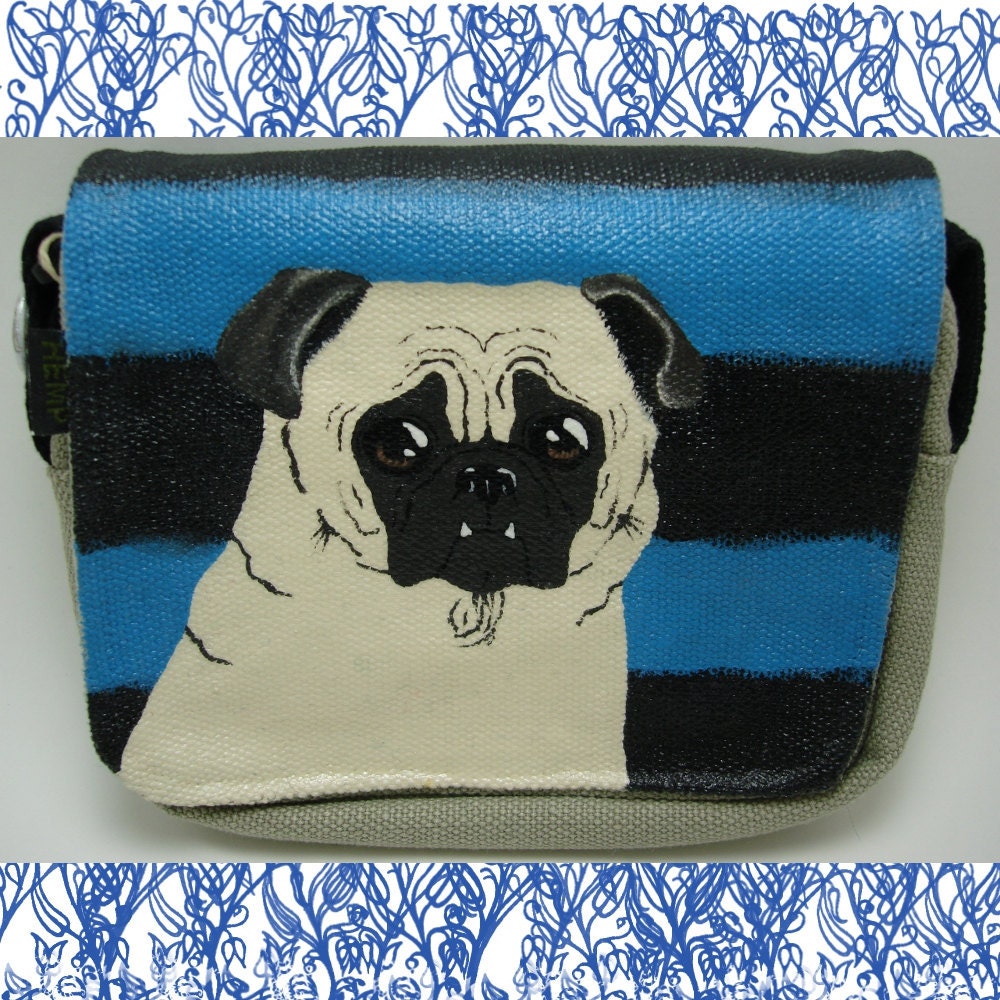 Hand Painted 100% Natural Small Hemp Purse - Pug Puppy Dog Against Blue Stripes Background Bag