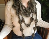 Necklace Yarn Scarf Black Tan Crochet Bobble Chunky 4.5 Yards