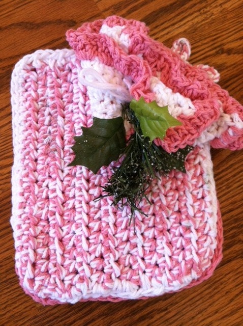 2 Pot holders / Hot pads AND a matching dishcloth - handmade pink and white