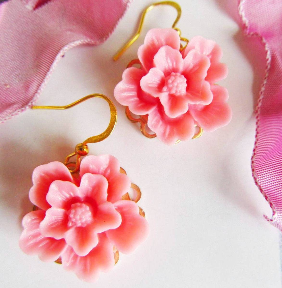 Hot pink flower earrings, Simple and Romantic Earrings,Hot pink flower, gold plated wire hook, great gift for holiday