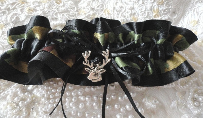Lovely Black Satin and Dark Cammo-Deer Charm-Camo-Camoflauge Garter-Hunter-Military-Redneck Wedding-Bachelorette-Gift