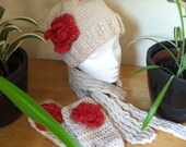 Off white sparkle with red winterset - hat beanie with flowers, matching fingerless gloves and cozy scarf