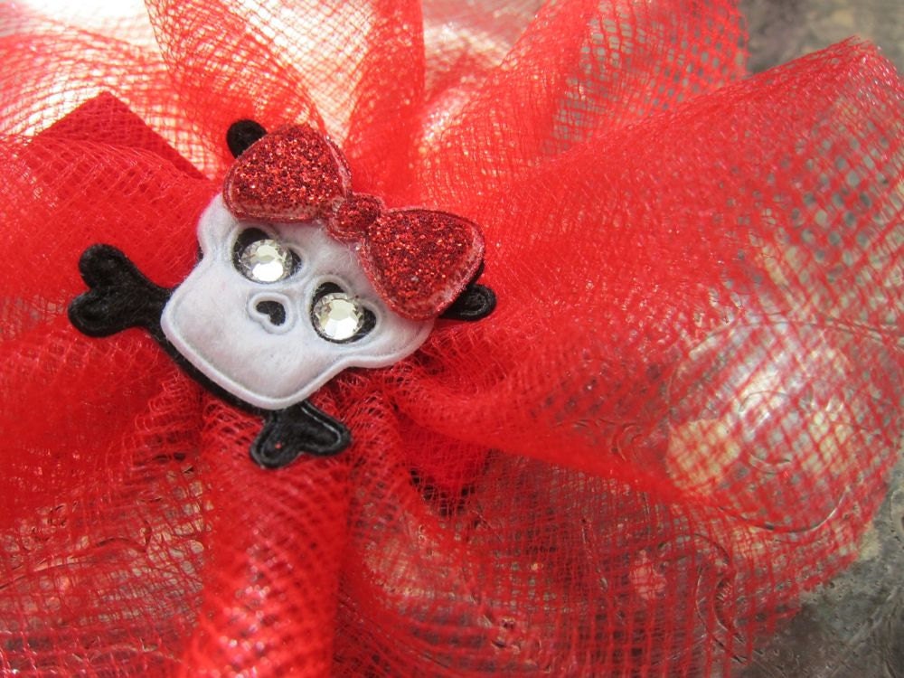 Red Punk Rock Tutu Hair Clip . Hair Bow . Tulle . Jingle Skull