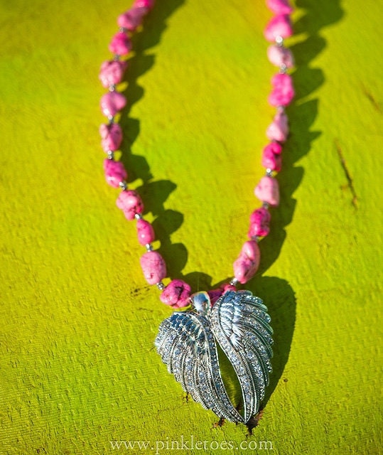 PINK ANGEL Bling Double Angel Wings Pink Semi-Precious Howlite Nuggets "Made With Love" and Angel Wing Charms