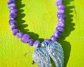 THE PURPLE ANGEL Agate Chunky Stones with Bling Double Angel Wings Neclace