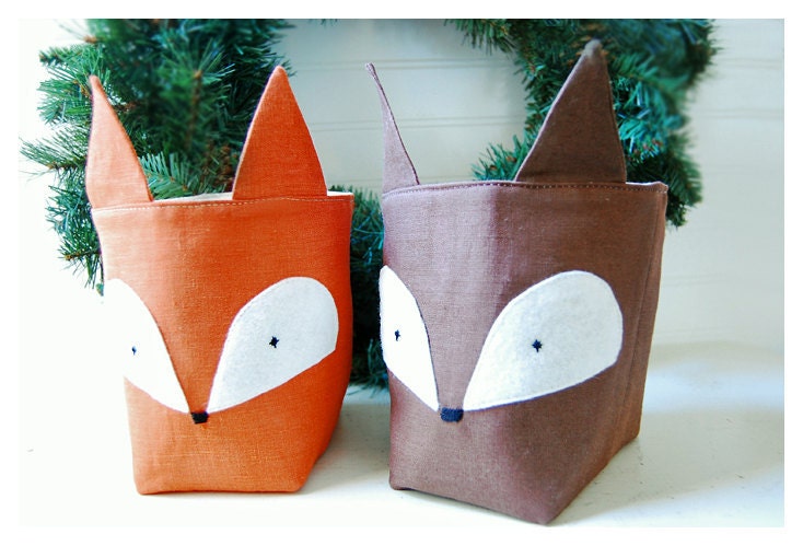 Fox Box Red brown weddings decor bin basket Set 2 Linen Organizer Storage rust Embroidery Handmade tagt team Gift Wrap