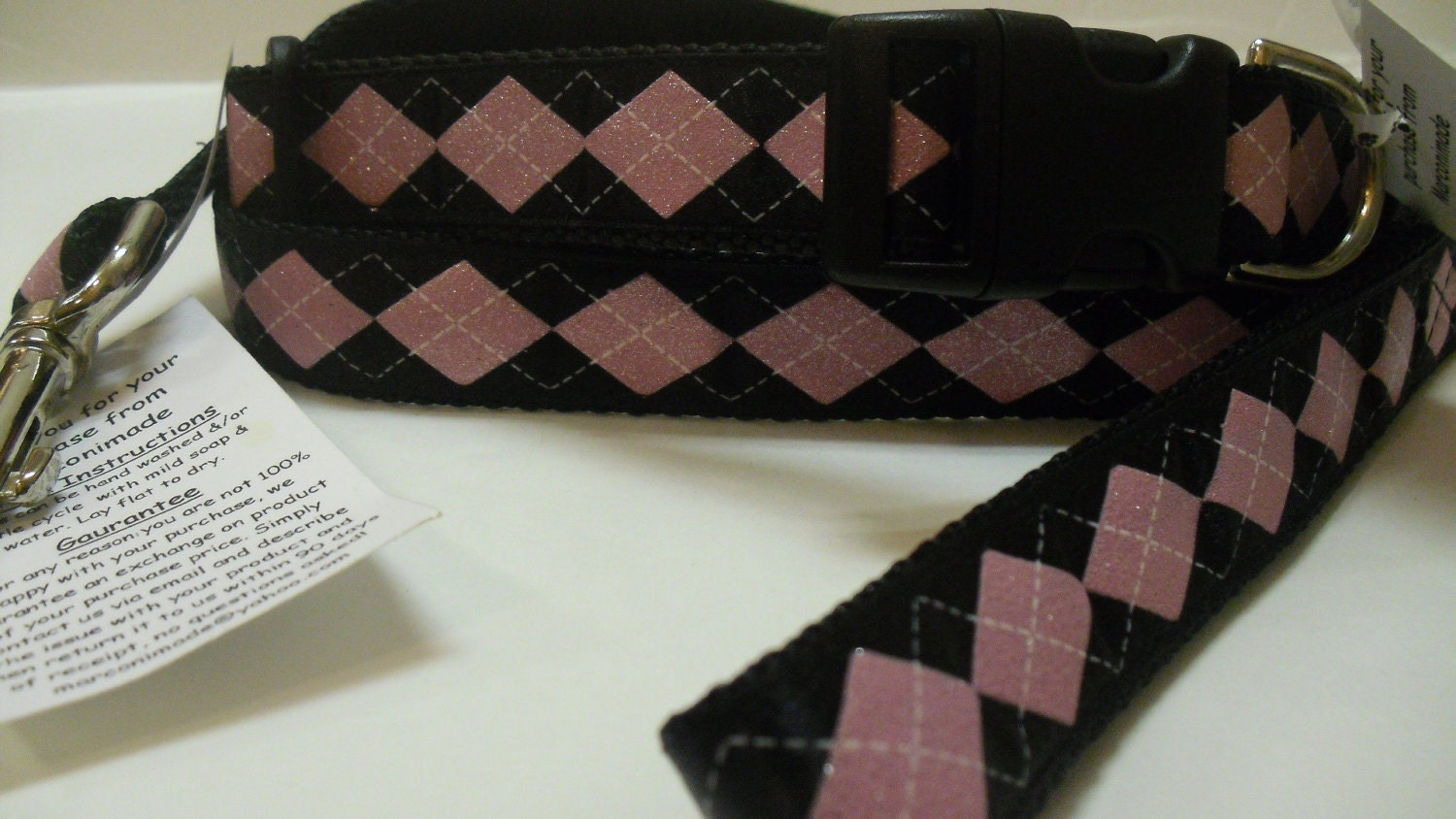 Glittery Argyle Print Adjustable Large Dog Collar & Leash Set
