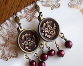Antique Button Earrings with Freshwater Pearls- Crimson Bouquet