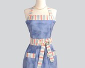 Womens Bib Apron / Farm Girl or Casual Chic this apron in Blue Denim Brushed Cotton is Trimmed in Red White Blue Stripe