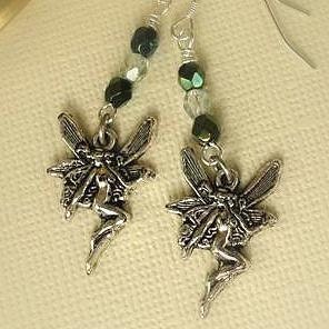 Green Fairy Earrings - Wire Wrapped -Fairy Earrings - Absinthe Green - Sterling Silver Fairy Jewelry