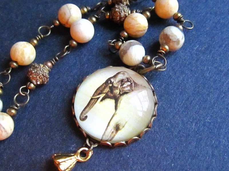 Romantic Elephant Necklace Safari Sepia Natural Gemstones by MinouBazaar