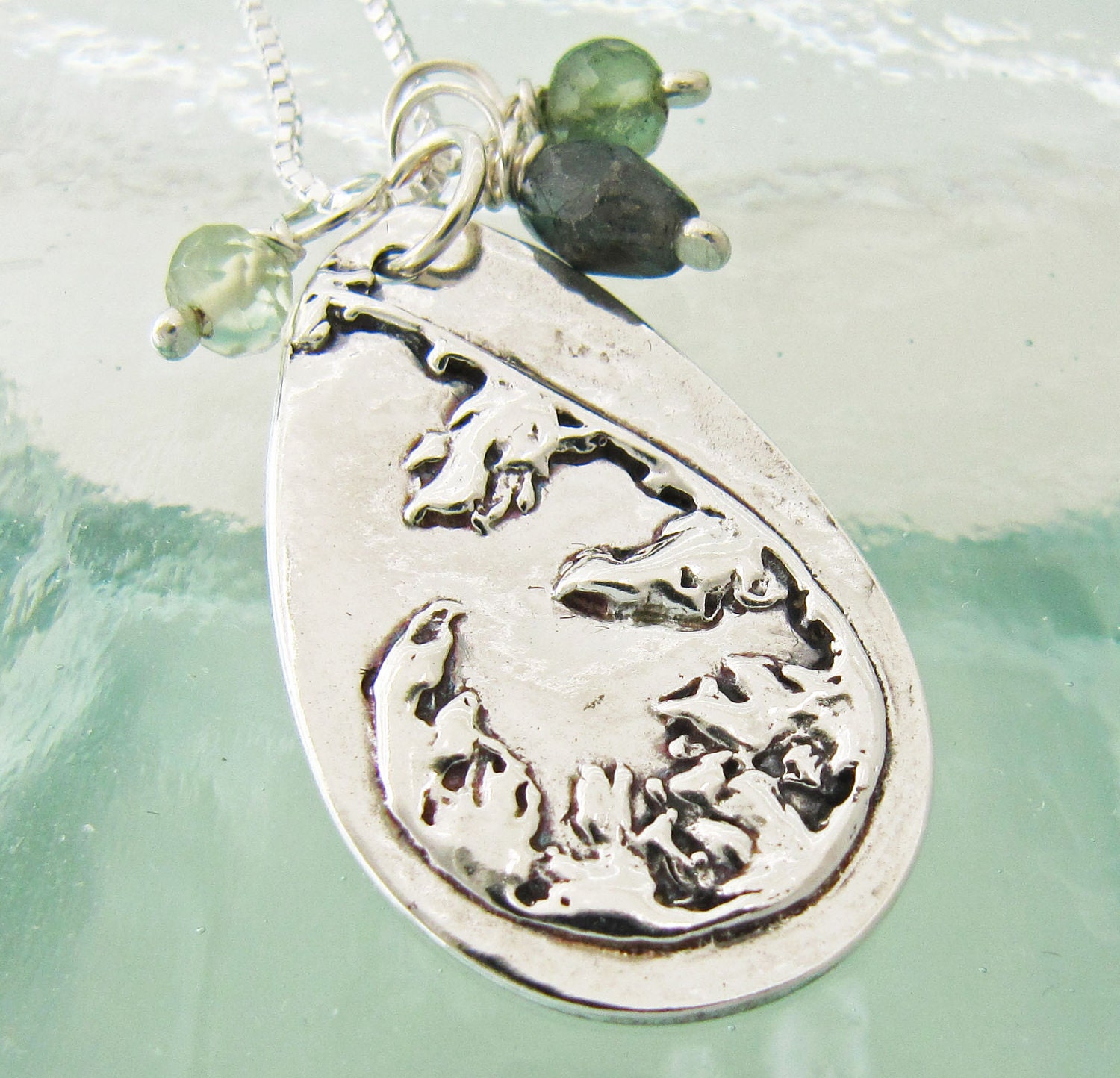 Natural Fern Frond in Silver with Green Tourmaline and Green Amethyst