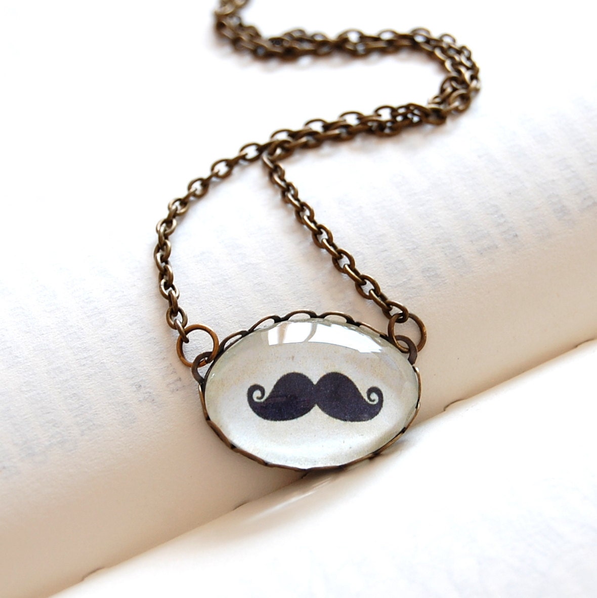 Mustache Necklace. Antique Brass and Glass Dome. Curly Mustache, Geekery...