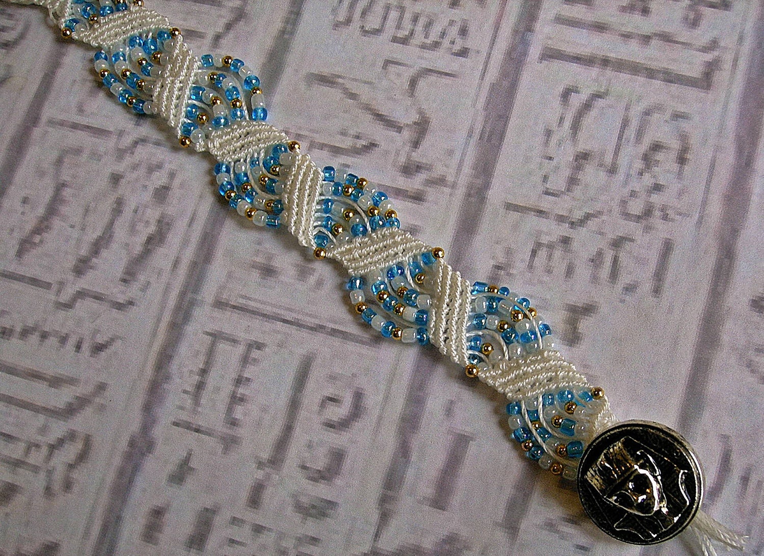Micro macrame bracelet in turquoise gold and white. Handmade Macrame Jewelry.