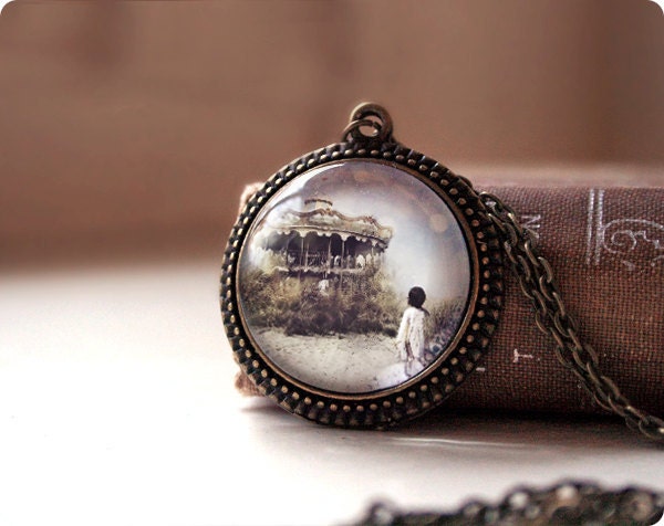 Merry Go Round,  Round Wearable Art Pendant, Antique Gold Brass, 18 Inch Chain