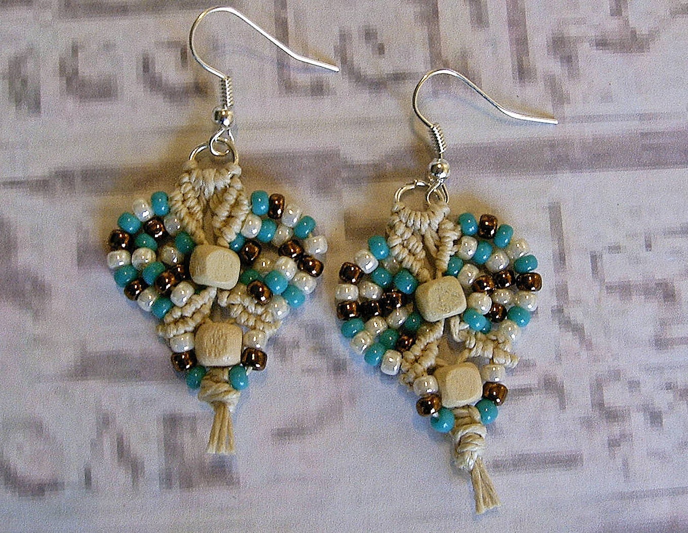 Micro macrame earrings in teal bronze and natural hemp. Teal earrings.