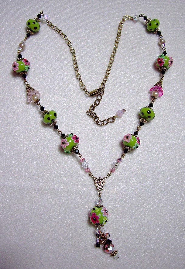 Floral Lampwork Glass Pink Lime Black Necklace NEW 20" By Caroline Erbsland OOAK