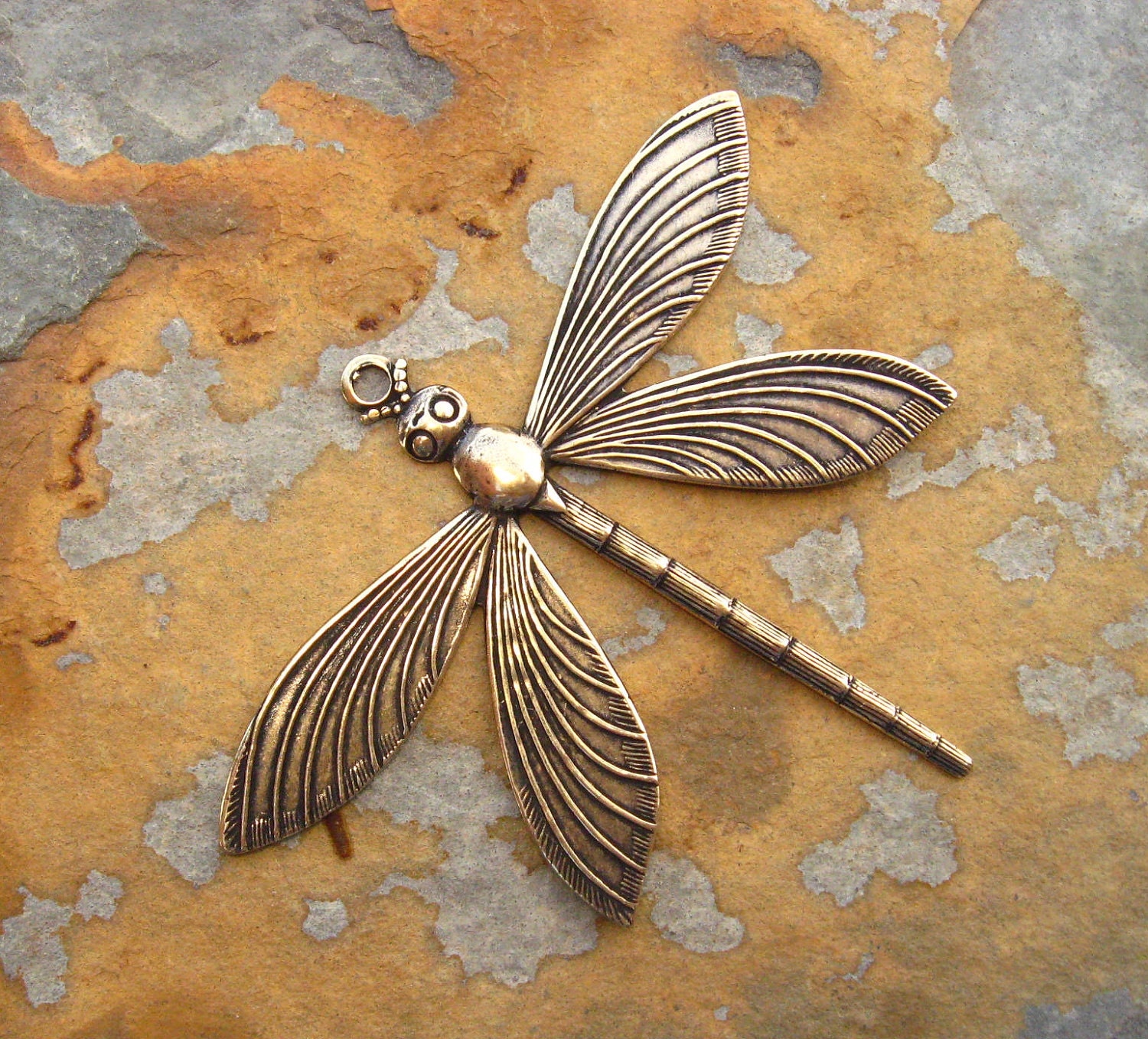 1 Trinity Brass Victorian Dragonfly Pendant Antique Gold Patina 64mm x 51mm -  LOW SHIPPING