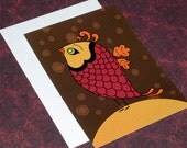 Flat Note Card Set of 4 - Blank Notecard Set - Bird Note Cards - Retro Mod Bird Notecards - Matte Paper - Vector Art - Gold Red Brown