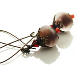 Vintaj Brass Earrings, Handcrafted Victorian Style with Frosted Deep Red Lampwork Glass