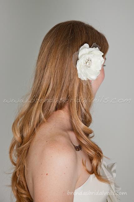 Ivory or Diamond White Bridal Birdcage Flower Fascinator, Netting, Pearl and Swarovski Rhinestone Center - Tiffany