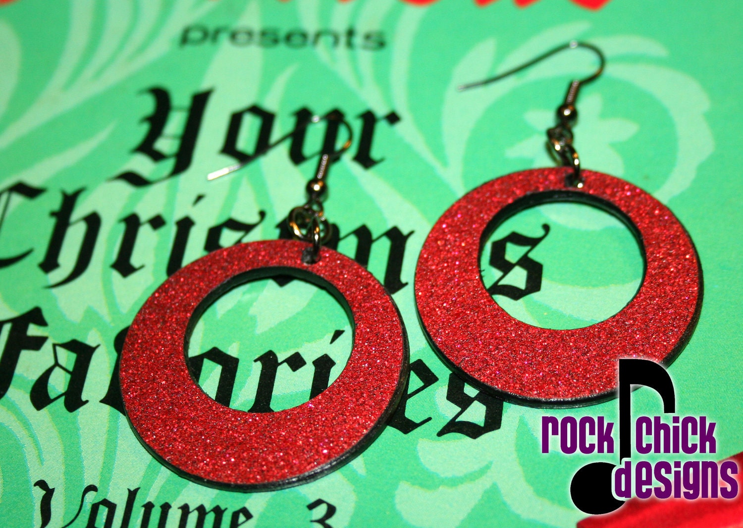 Red Glitter Vinyl Record earrings -- medium