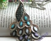 Pretty retro silver colorful crystals expanding feathers peacock necklace pendant vintage style