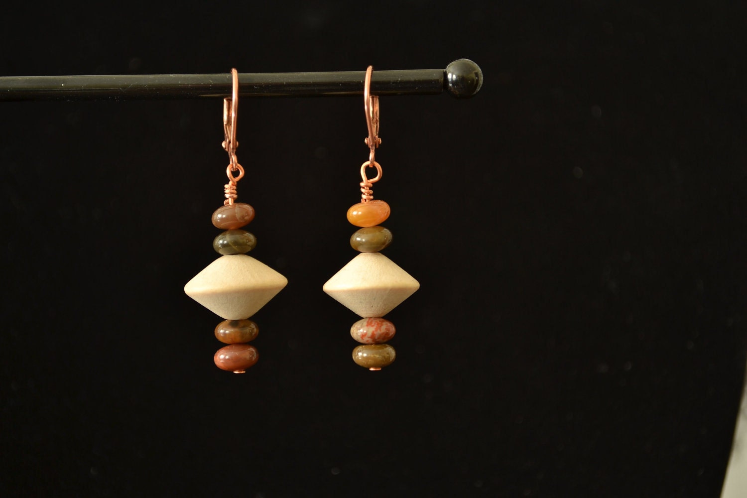 0128 Wood Bead and African Fire Lace Jade Earrings with Copper Leverback Clasp
