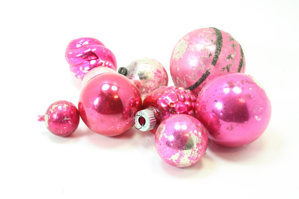 Set of 9 Vintage Pink Glass Christmas Ball Ornaments - Shabby Charm