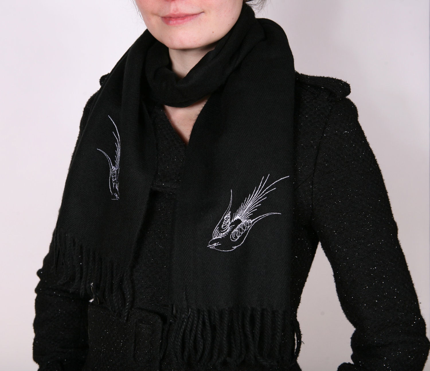 Womens Embroidered Bird Scarf - Vintage Flourish Calligraphy Birds (Sparrows, Swallows)