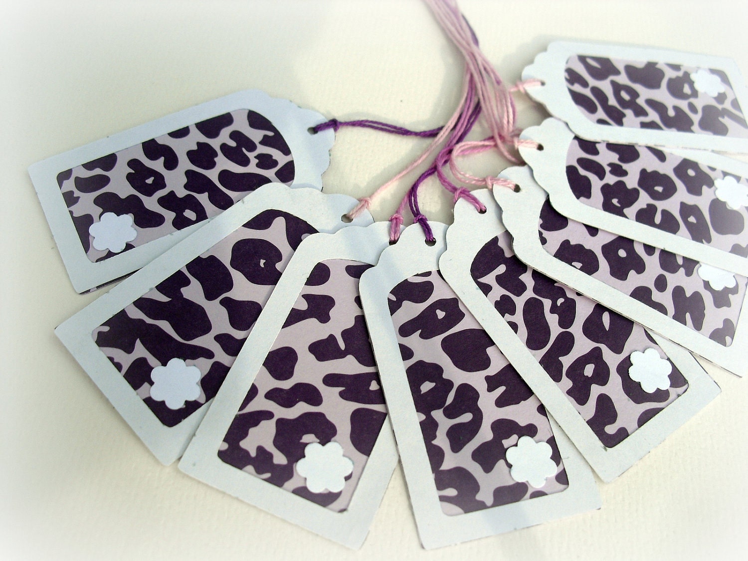 8 Purple Cheetah Tags  2.5 Inches