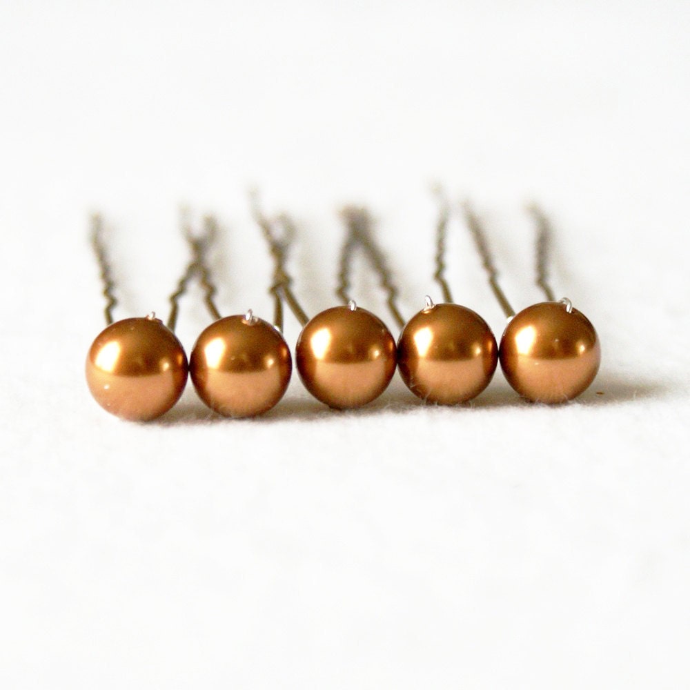 Copper Pearl Wedding Hair Pins. Set of 5, 8mm Swarovski Crystal Pearls - PinkTreeStudios