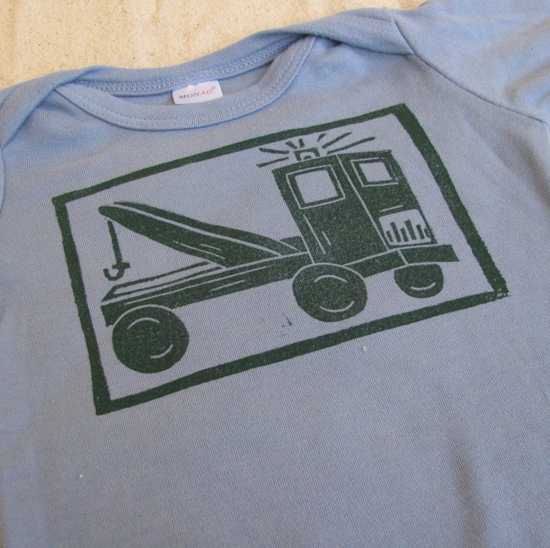 Lino Cut Shirt, Tow Truck Shirt, Hand-Dyed, Hand-Printed, 3 to 6 Month Size