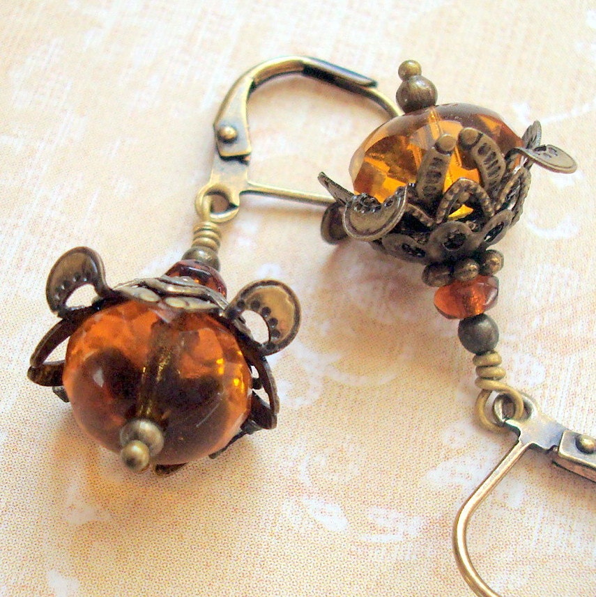 Brown Earrings with Antiqued Brass or Bronze Vintage Inspired, Neo Victorian Earrings, Topaz Glass
