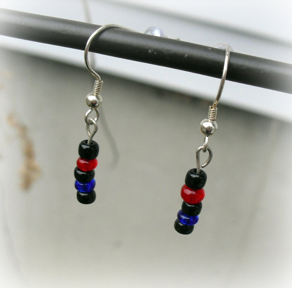 Bold Dangle Earrings, Red, Black, Blue, Silver