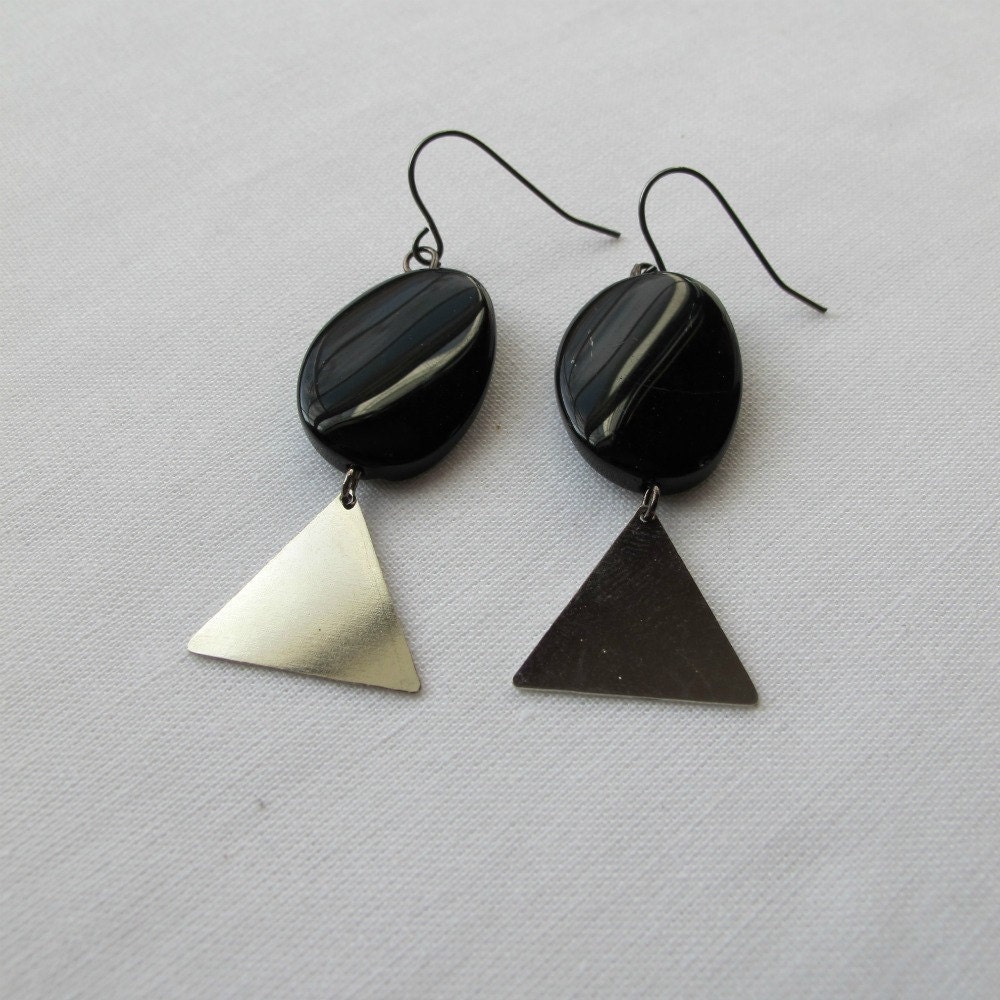 silver triangle and glass bead earrings