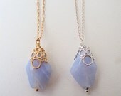 Beautiful blue lace agate nugget gemstone with matte gold or silver bubble bead cap and delicate gold or silver plated over brass chain and