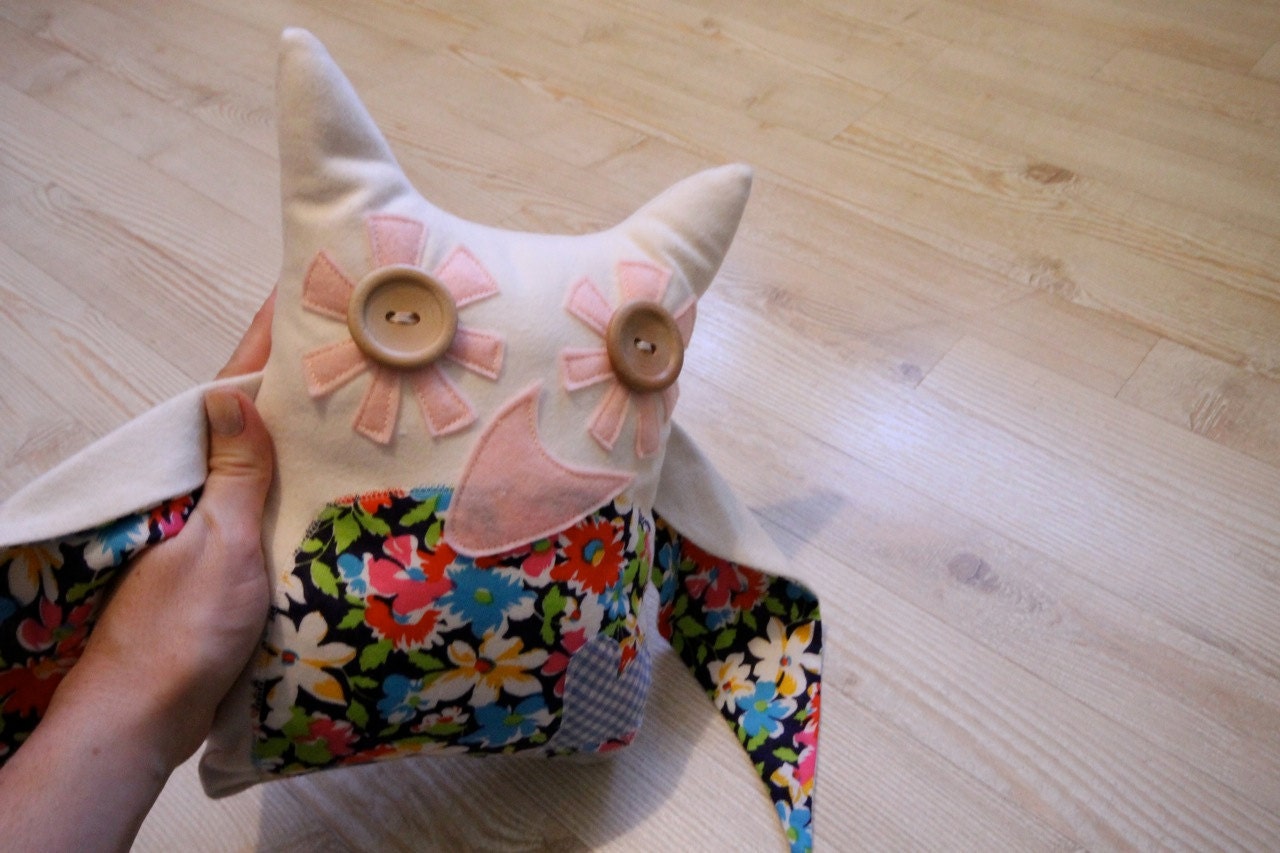 Shonie The Owl. Vintage & Organic Plush. Ready To Ship or Custom Colours Available.