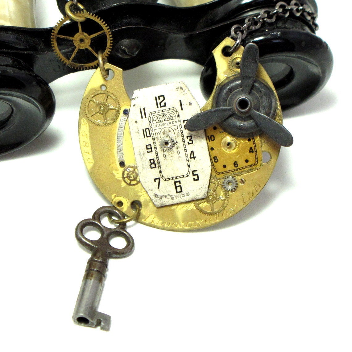 Propeller OOAK Steampunk Necklace Vintage Watch Parts Gears Skeleton Key Exclusive Design by Mystic Pieces